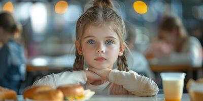 Young Girl Sitting at Table With Plate of Food photo
