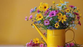 Yellow Watering Can With Pink Flowers photo