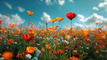 Colorful Flower Field Beneath Blue Sky photo