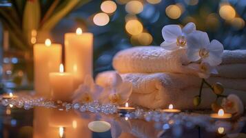 Close Up of Flower and Candles on Table photo