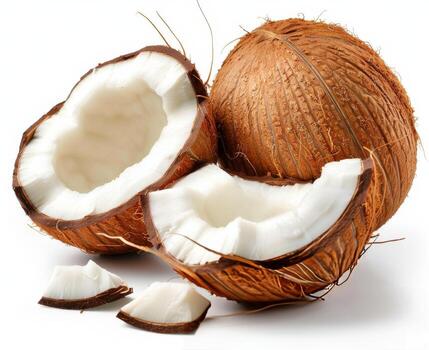 un agrietado abierto Coco cáscara demostración blanco carne en contra un blanco antecedentes foto