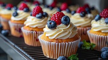 Pastry Chef Decorating Cupcakes With Fresh Berries photo