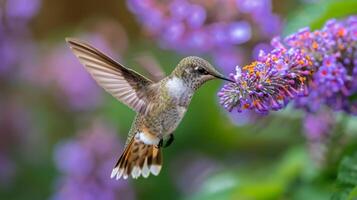 Hummingbird Hovering Over Purple Flowers photo