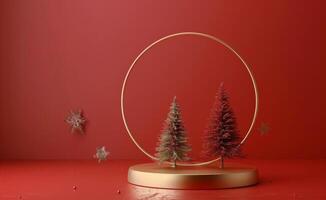 Two Christmas Trees Framed by a Golden Circle on a Red Background photo