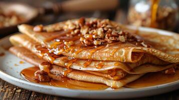 Stack of Pancakes With Syrup and Nuts photo