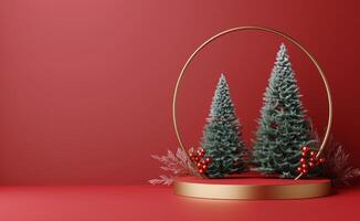 Two Christmas Trees Framed by a Golden Circle on a Red Background photo
