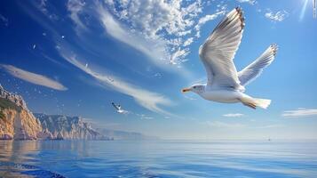 White Bird Flying in Gray Sky photo