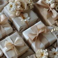 Nine Elegantly Wrapped Gifts With Floral Accents on White Background photo