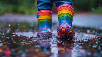 Childs Pink and Blue Rain Boots Splashing in Puddles photo