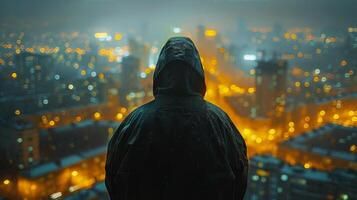 Person Standing in Front of City at Night photo