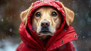 Brown and White Dog Wearing Red Jacket photo