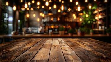 Wooden Table With Potted Plants and Lights photo