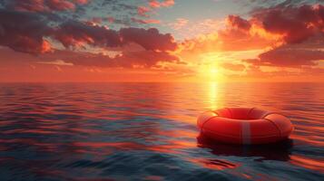 Life Preserver Drifting in Ocean Sunset photo