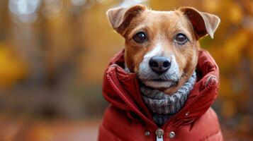 Brown and White Dog Wearing Red Jacket photo