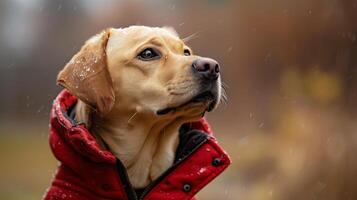 Brown Dog in Red Jacket and Gray Hat photo