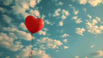 Red Heart Shaped Balloon Flying in Sky photo