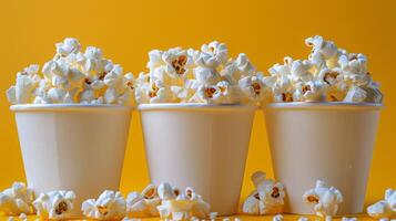 Row of White Cups Filled With Popcorn photo