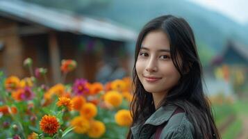 Woman in Front of Field of Flowers photo