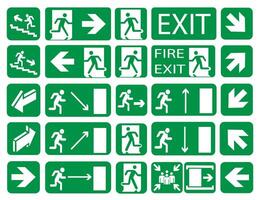 Set of emergency exit and fire exit signs, assembly point in case of fire, emergency exit direction. vector