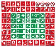 Set of emergency exit signs in case of fire danger. As well as signs associated with fire. vector