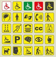 Yellow square disability icons set. Icons of mental, physical, sensory, intellectual deviations. vector