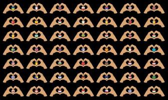 The hands hold the flags of different countries of the world in their hearts. Peace in the world. vector