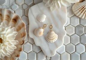 Seashell Earrings Resting on a Marble Tray in the Sunlight photo