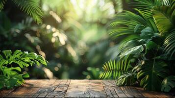 Wooden Table Surrounded by Tropical Plants photo