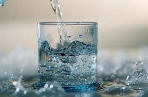 Close Up of Water Pouring Into a Glass With Bubbles and Splashes photo