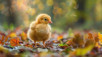 Small Yellow Duckling Resting on Moss-Covered Ground photo