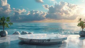 Round Marble Table on Tiled Floor photo