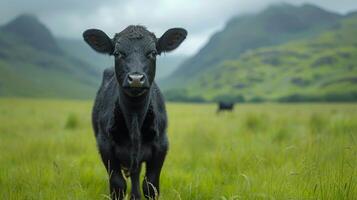 Black Cow Standing on Lush Green Field photo