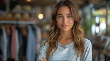 Woman Standing in Front of Clothes Rack photo