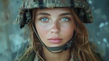 Female Soldier in Military Uniform With Helmet photo