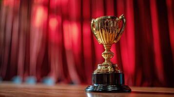 Golden Trophy on Wooden Table photo