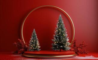 Two Christmas Trees Framed by a Golden Circle on a Red Background photo