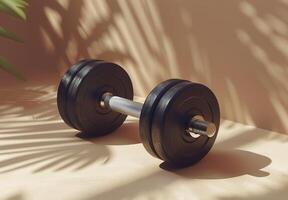 Black Dumbbell Under Palm Tree Shadows on Beige Surface photo