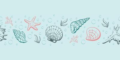 Seamless underwater sea world pattern with shells and bubbles. Clam loopable pattern can be used for wrapping paper, fabric, textile, print, background, borders, templates, cards, social media and web vector