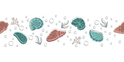 Seamless underwater sea world pattern with shells and bubbles. Clam loopable pattern can be used for wrapping paper, fabric, textile, print, background, borders, templates, cards, social media and web vector