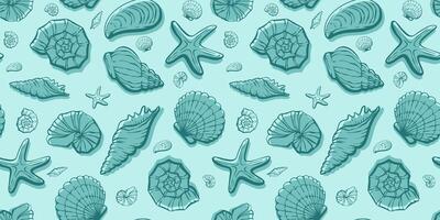 Seamless underwater sea world pattern with shells and bubbles. Clam loopable pattern can be used for wrapping paper, fabric, textile, print, background, borders, templates, cards, social media and web vector