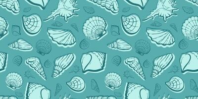 Seamless underwater sea world pattern with shells and bubbles. Clam loopable pattern can be used for wrapping paper, fabric, textile, print, background, borders, templates, cards, social media and web vector