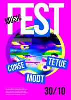 90s style music fest poster template. Banner with distorted abstract blurred pattern with colorful stains and damaged effect. Interference pattern. Festival placard. Modern banner for party, event vector