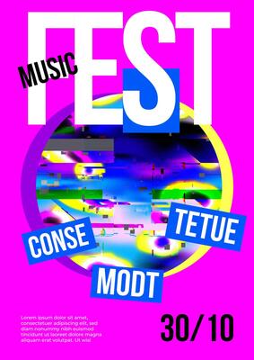 90s style music fest poster template. Banner with distorted abstract blurred pattern with colorful stains and damaged effect. Interference pattern. Festival placard. Modern banner for party, event
