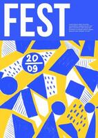 Template with geometric abstract pattern. Poster with cubes, circles and stripes. Hand drawn chalk pattern in blue, yellow and white colors. Placard with typographic elements. Music fest banner vector