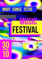 90s style music fest poster template. Banner with distorted abstract blurred pattern with colorful stains and damaged effect in blue, purple and yellow colors. Interference pattern. Festival placard vector