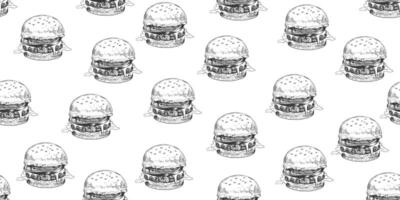 Seamless pattern with black and white hand drawn hamburger with melted cheese, tomato, onion, salad on white background. Fast food. Sketch style. Burger drawing with hatching. Engraved illustration vector
