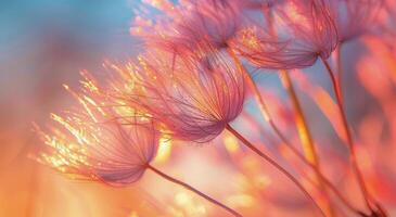 Delicate Dandelion Seeds Glowing in Golden Sunset Light photo