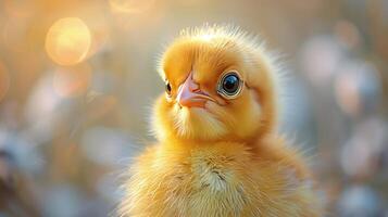 Small Yellow Duckling Resting on Moss-Covered Ground photo