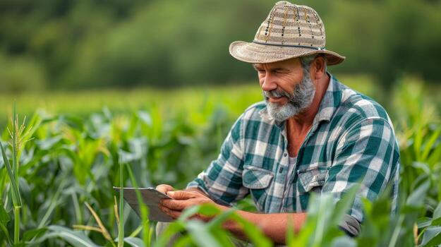 Man Holding Tablet in Corn Field photo