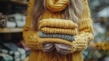 Woman Holding Stack of Knitted Sweaters photo